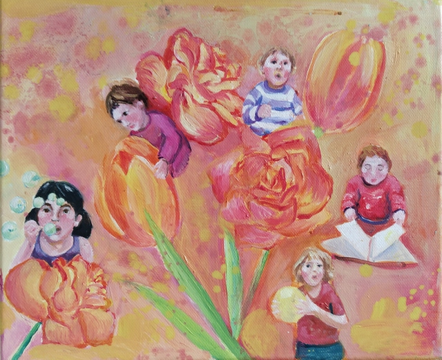 Rože in otroci, 25×30, olje na platnu, 2019