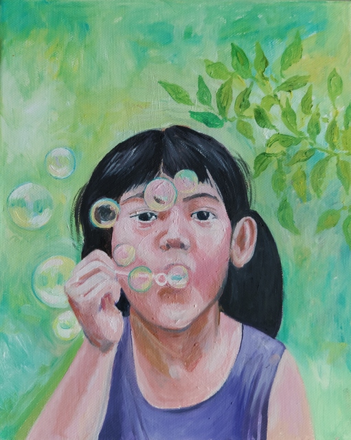 deklica z milnimi mehurčki, 35×25,olje na platnu, 2019
